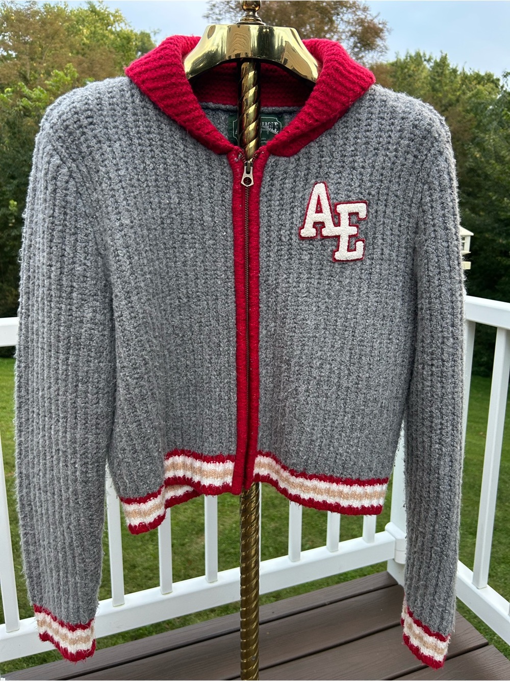 AE Gray and Red Zip-Up Hooded Sweater